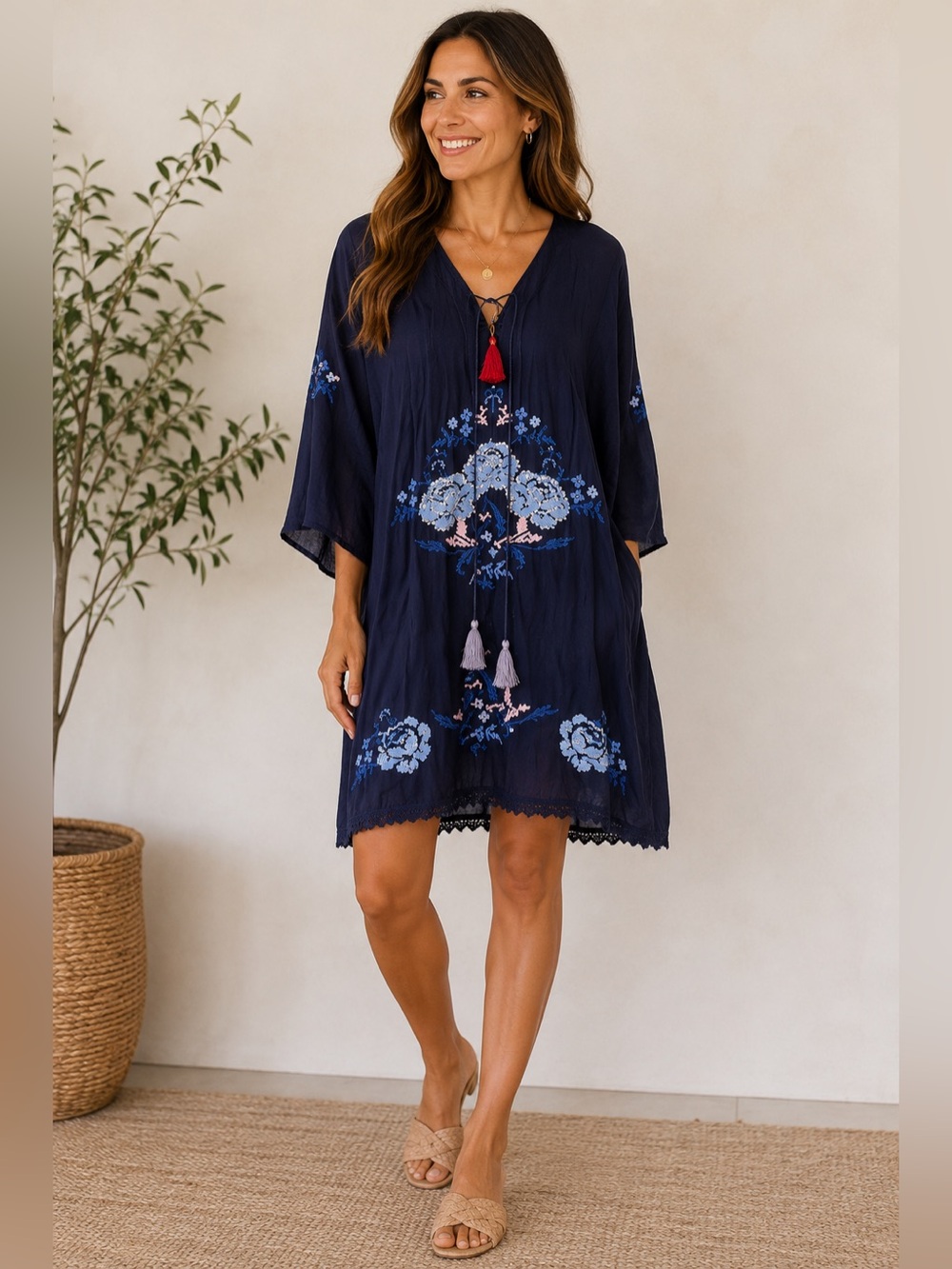 NEW RUBY YAYA Navy V-Neck Tie Front Embroidered Boho Kaftan Dress NWT